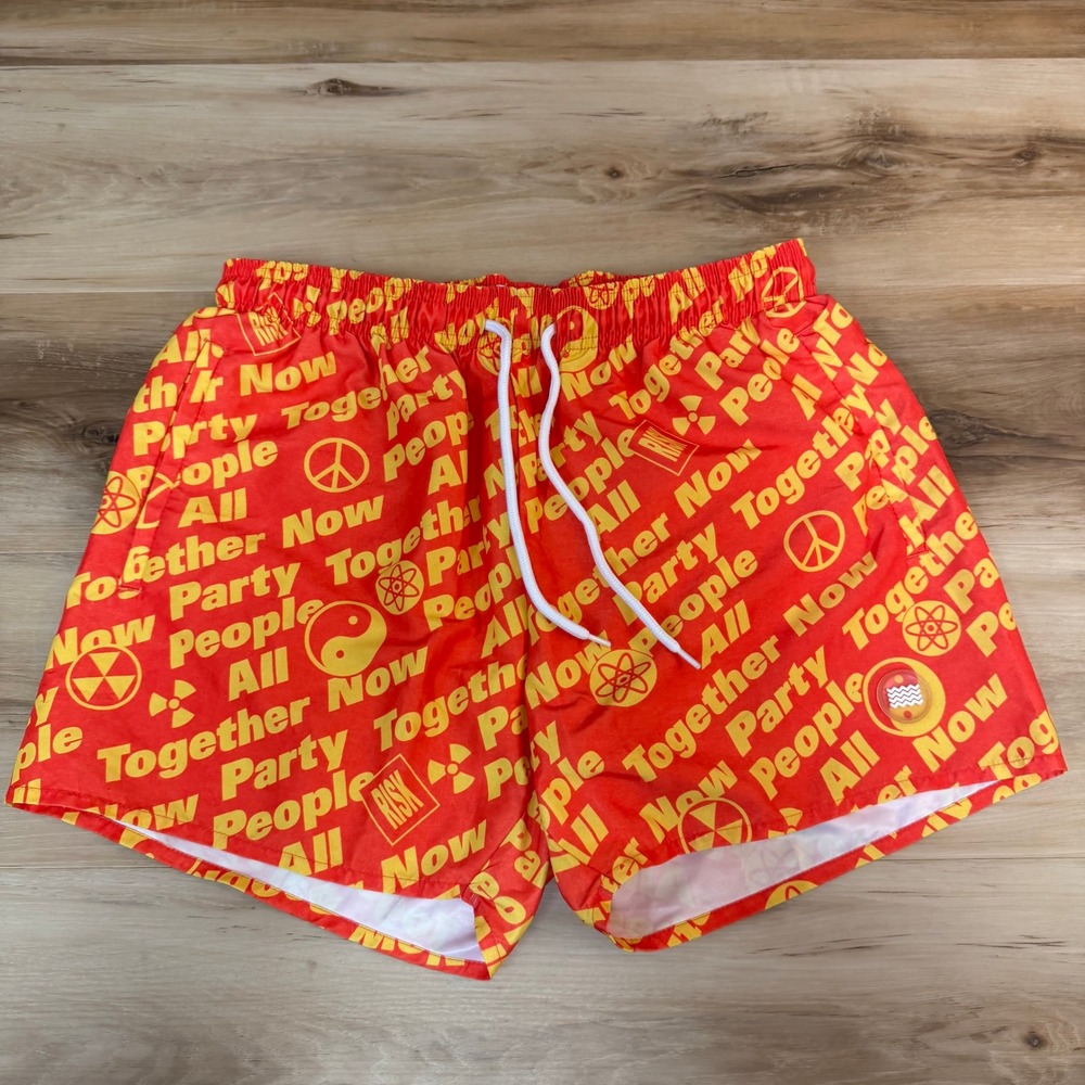TOPMAN Swim Trunks Mens Medium S/M Red Yellow Graphic Print Bathing Suit